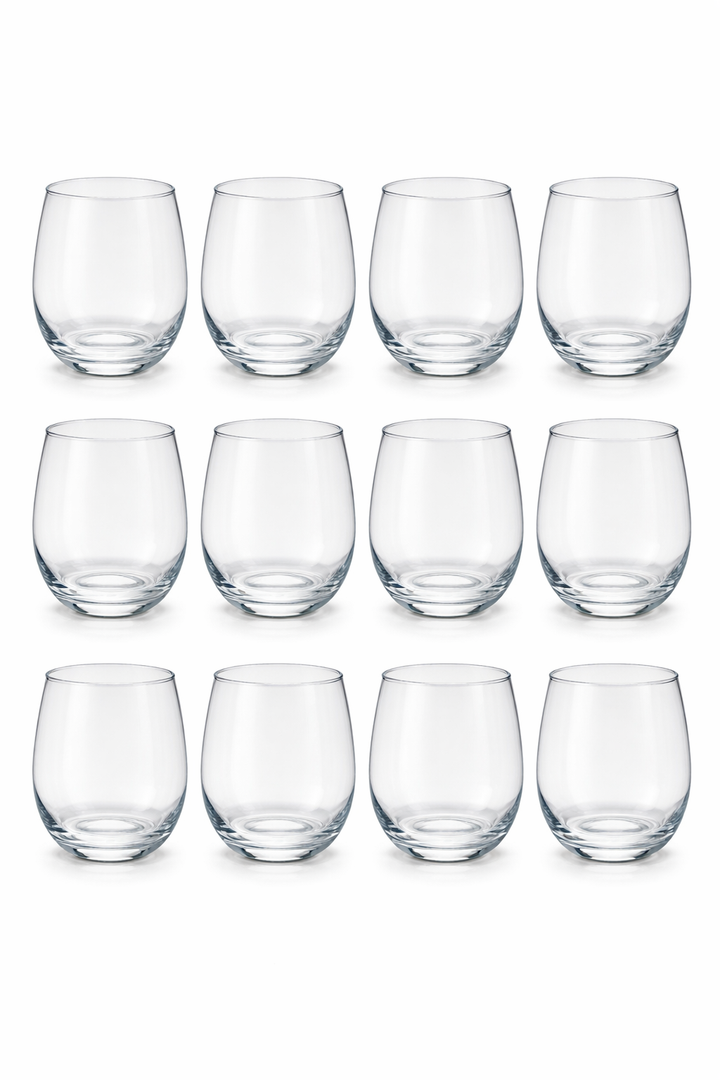 Glasses Set of 12, 18oz Stemless Wine Glass & Cocktail Tumbler Set – Premium Glass Drinking Cups in Bulk– Deluxe Gift Pack Short Drinking Glasses, Dishwasher Safe