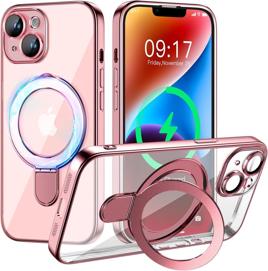 Magnetic for iPhone 14 Case with Invisible Stand[Compatible with MagSafe][Full Camera Lens Protector][Military Drop Protection] Shockproof Not Yellowing Clear Slim Soft for Women Men (Pink)