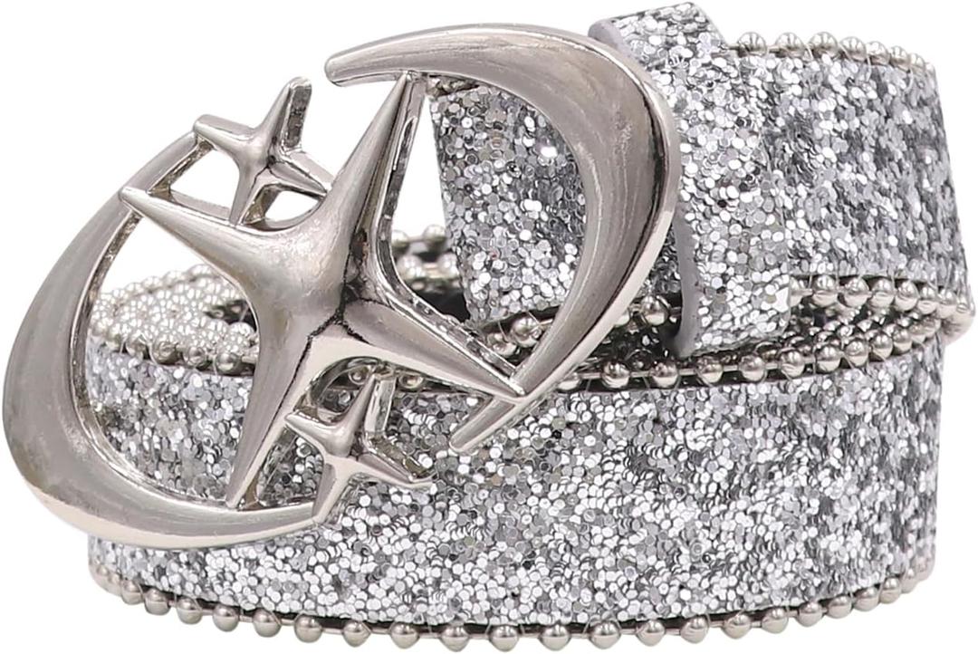 Bling Glitter Y2K Leather Belt for Women Girls Metal Star Buckle Waist Belt Waistband for Jeans Dresses