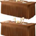 2 Packs Brown Spandex Tableclothes for 8 Foot Rectangle Tables, Wrinkle Free 8ft Fitted Table Cover Stretch Table Cloth Desk Skirt for Weddings Baby Shower Birthday Party Banquet Decorations