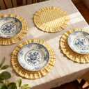 4 Pcs 15 Inch 100% Cotton Scalloped Round Placemats, Thin Yellow Gingham Place Mats with Ruffle, Washable Placemats Table Mats for Kitchen Dining Holiday Gatherings Decor