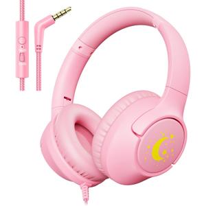 Kids Headphones with Microphone for School, 85/94 dB Volume Limit, Wired Over Ear Girls Headphones for Kids with Stereo Sound 3.5mm Wired Cord for Kindle Tablet Airplane Travel, Pink