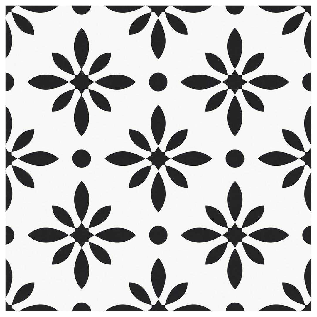 MORCART Peel and Stick Floor Tile - Vinyl Flooring Self Adhesive DIY: Square White+Black Flowers 7.87" x 7.87" 20 PCS, Waterproof and Removable Tile Sticker for Kitchen, Bathroom, Staircase FT-1624