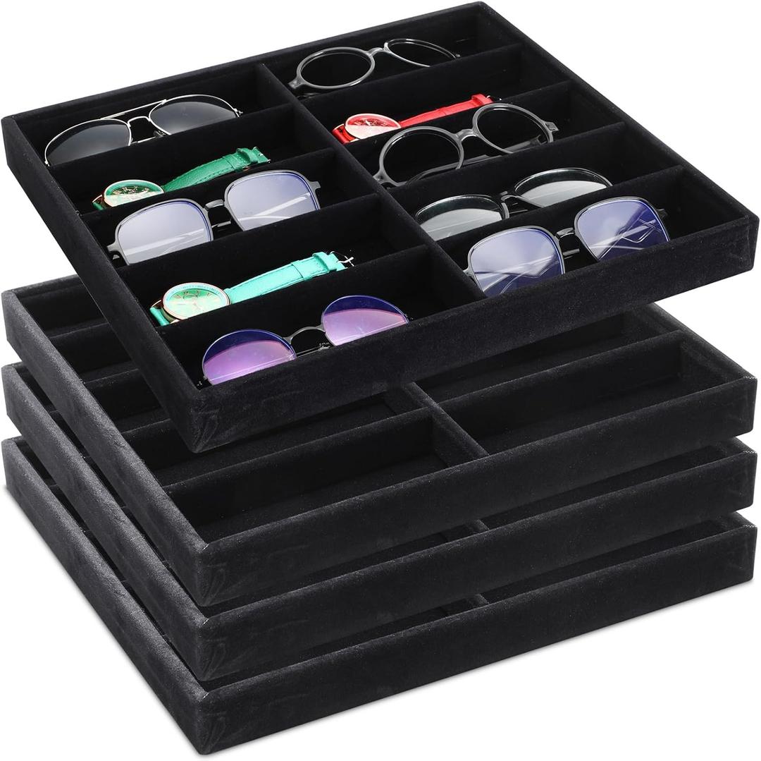 Batiyeer Sunglasses Organizer Storage Tray 10 Grids Eyewear Watch Holder Display Stackable Ice Velvet Tray Women (Black, 4 Pcs)