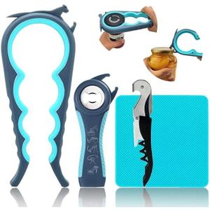 Otstar Jar Opener & Bottle Opener Set for Weak Hands - Multi-Function Kitchen Opener Tool for Seniors with Arthritis, Elderly - Includes Jar Lid Gripper Pad, Corkscrew Opener
