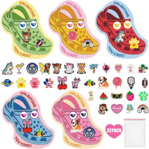 32 Sets Valentines Day Cards for Kids School Classroom Kit, 32PCS Funny Valentines Gift Cards with 64PCS Shoe Charms Bulk, Valentine Exchange Card for Boys Girls Class Classroom Gifts Party Favors (Multi-colored-32sets)