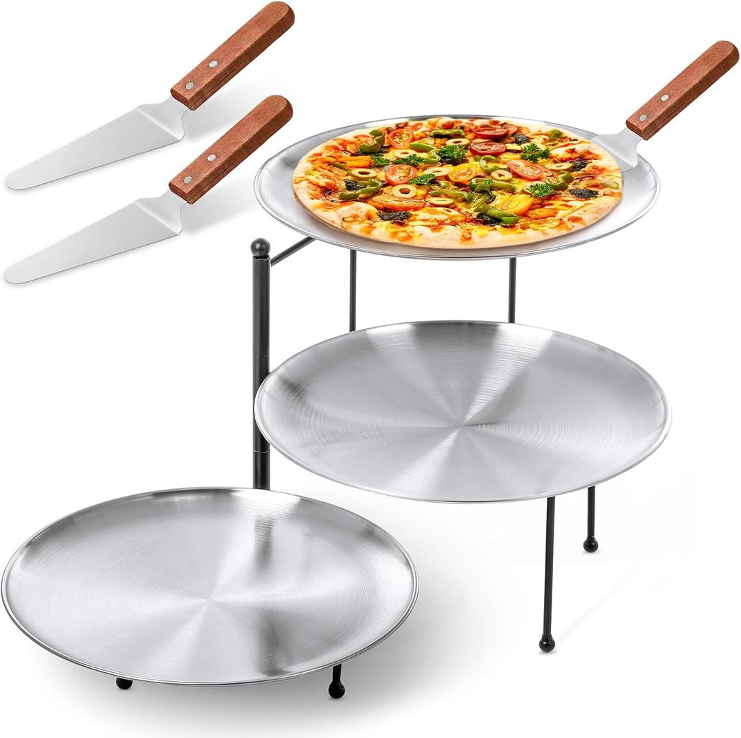 7 Pcs Pizza Pan Riser Stands Sets Includes 1 Pcs Tiered Tray Stand 3 Stainless Steel Pizza Pan and 3 Wood Handle Knife for Home, Restaurant Party (Silver)
