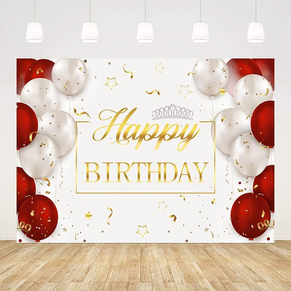 7x5ft Gold Happy Birthday Backdrop Red White Balloons Silver Crown Photography Background Birthday Party Decorations Cake Table Baner Wall Decor Props Vinyl Fabric