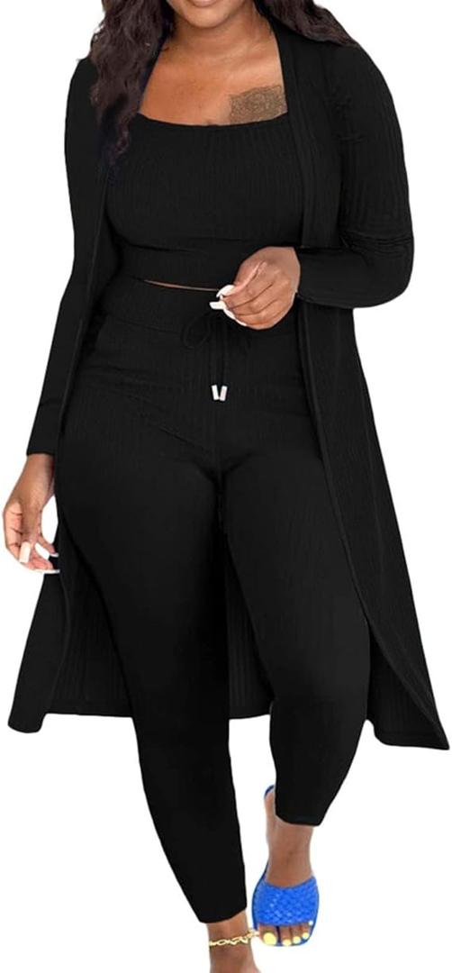 Women's Fuzzy 3 Piece Sweatsuit Open Front Cardigan Crop Tank Tops Wide Legs Pants Lounge Sets,  Small