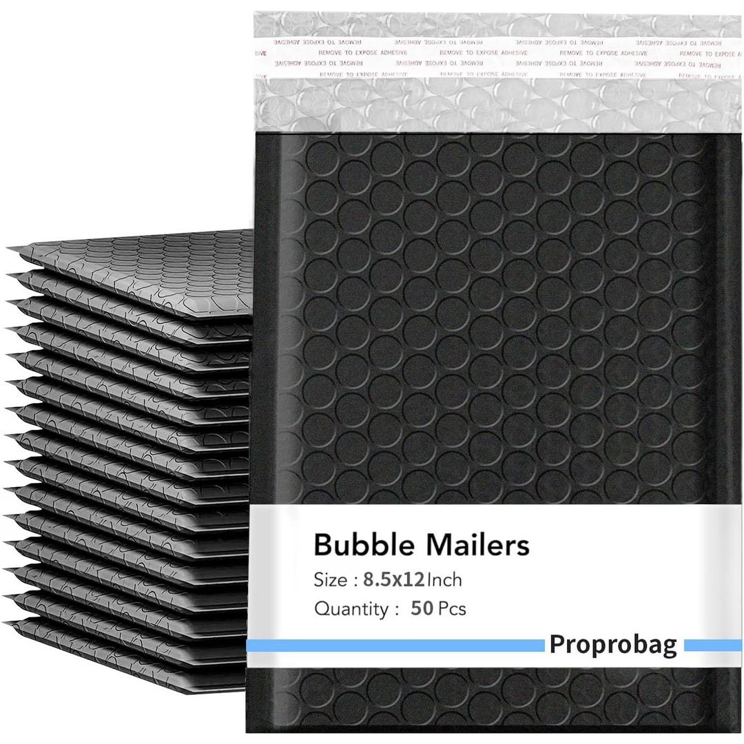 Proprobag 8.5 x 11 Bubble Mailers 50 Pack  Outer Size 9x12 Heavy Duty Black Padded mailer with Self Seal, Waterproof Shipping Envelopes, Bubble Wrap Protection for Ecommerce, Non See Through