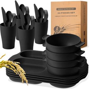 24 Pcs Wheat Straw Dinnerware Cutlery Set for Aldult Including Divided Plates Microwave Dishwasher Safe Bowl Unbreakable Tableware Straw Cutlery Spoon Knife Fork(Black)