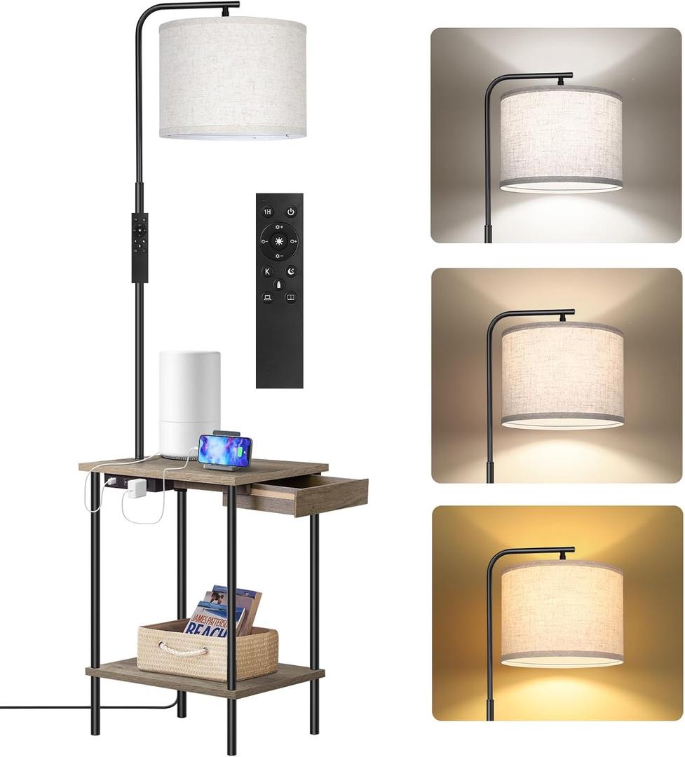 OUTON Floor Lamp with Table, End Table with Lamp Attached for Bedroom, Type C Charging Port, AC Outlet, Side Table with Lamp for Living Room, Nightstand with Drawer, Dimmer & 4 Color Temperature