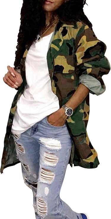 Naliha Women Casual Camouflage Jacket Military Anorak Long Sleeve Coat Outfit M