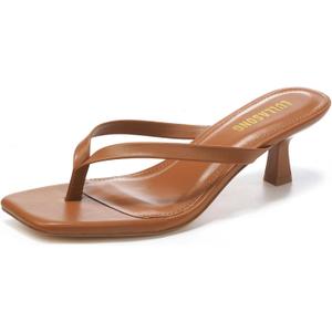 Women's Kitten Heels Sandals Square Open Toe Flip Flop Heels 1.8-2 Inch Heeled Sandals for Women (6.5, Brown)