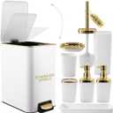 XLHOMO White Bathroom Accessories Set 8 Piece White and Gold Bathroom Set, Bathroom Sets with Stainless Steel Trash Can, Toilet Brush, Toothbrush Set, Soap Dispenser