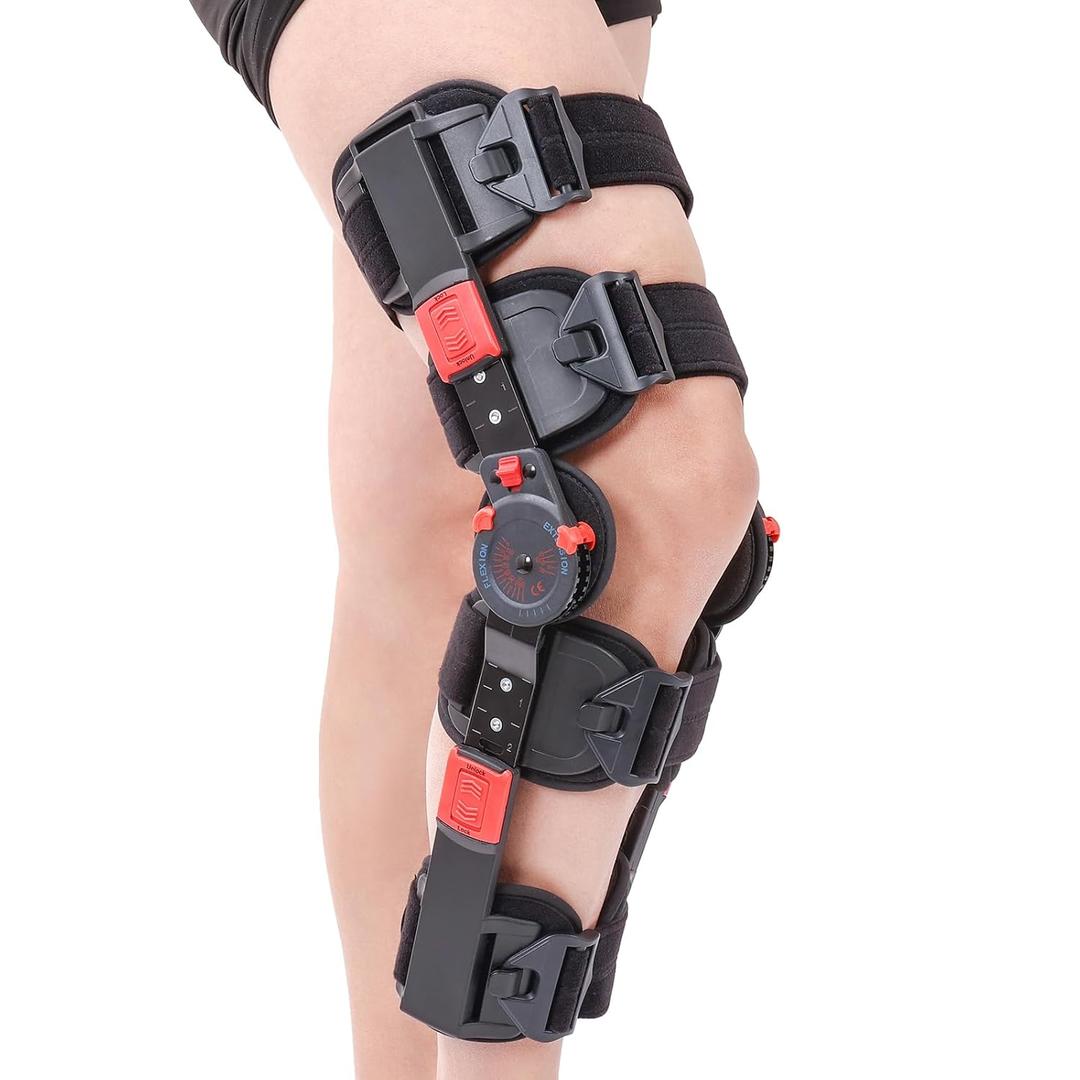 Hinged ROM Knee Brace with Side Stabilizers, Adjustable Post Op Knee Support Orthosis Immobilizer for ACL, PCL and MCL Injury, Medical Knee Orthopedic Support, Leg Stabilizer for Left or Right Leg, Men and Women (Red)