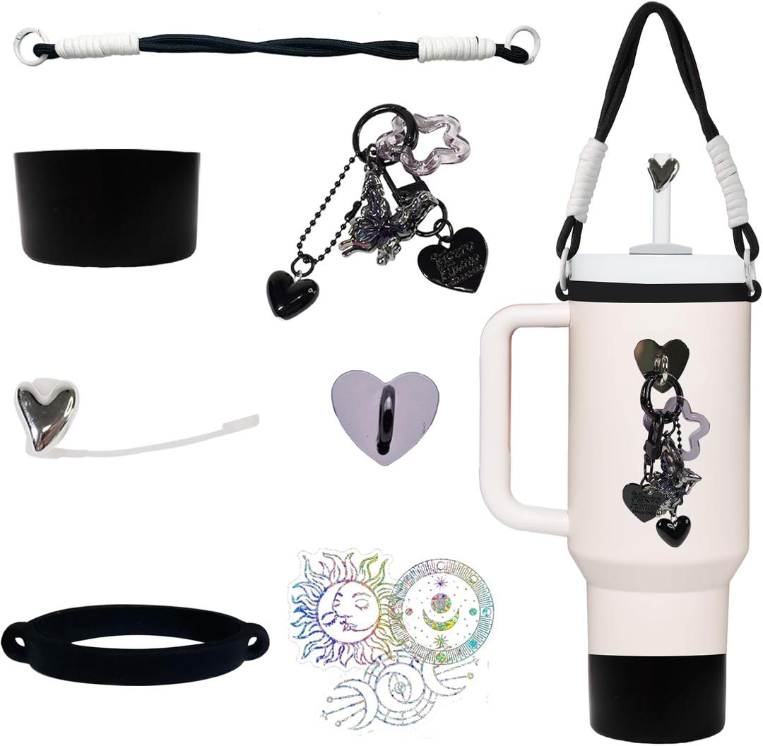 2 x Stanley Cup Accessories Set Includs Boot Handle Strap Straw Cover Chain Hanging Charms Heart Hook and Stickers Random