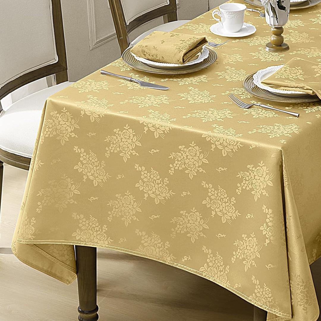 Romanstile Gold Christmas Jacquard Tablecloth - Rectangle Waterproof Damask Rose Floral Pattern Decorative Table Cloth, Heavy Weight Fabric Table Cover for Dining/Party/Holiday - 60 x 84 Inch