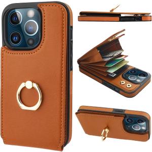 Folosu Compatible with iPhone 13 Pro Case Wallet with Card Holder, 360Rotation Finger Ring Holder Kickstand Protective RFID Blocking PU Leather Double Buttons Flip Shockproof Cover 6.1 Inch Brown