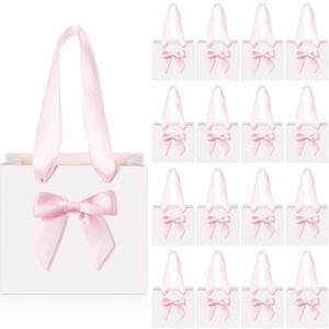 Kolldenn 50 Pcs No DIY Small Gift Bags with Pink Bow Ribbon 4''x2.7''x4.5'' Mini White Paper Thank You Bags Bulk with Handle for Baby Shower Wedding Party Favor Birthday Return Guests