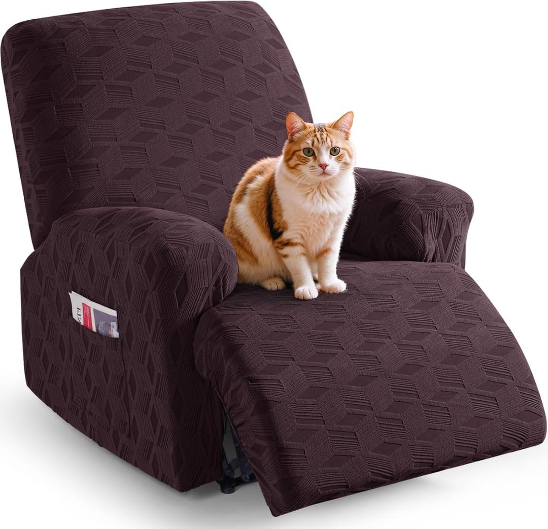 TAOCOCO Recliner Cover 3 Pieces Recliner Chair Covers, Stretch Jacquard Reclining Chair Cover, Furniture Protector Sofa Slipcovers Couch Covers with Elastic Bottom for Kids, Pets (Dark Coffee) (1 Seater)