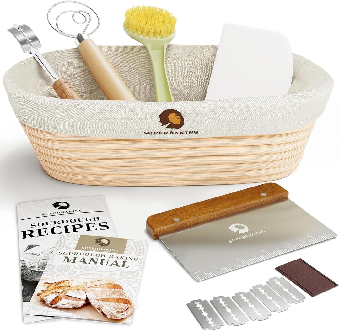 Superbaking 10" Oval Banneton Bread Proofing Basket  Sourdough Starter Kit for Crusty Artisan Style Loaves, Includes Essential Bread Baking Supplies & Tools - Ideal Gift for Bakers