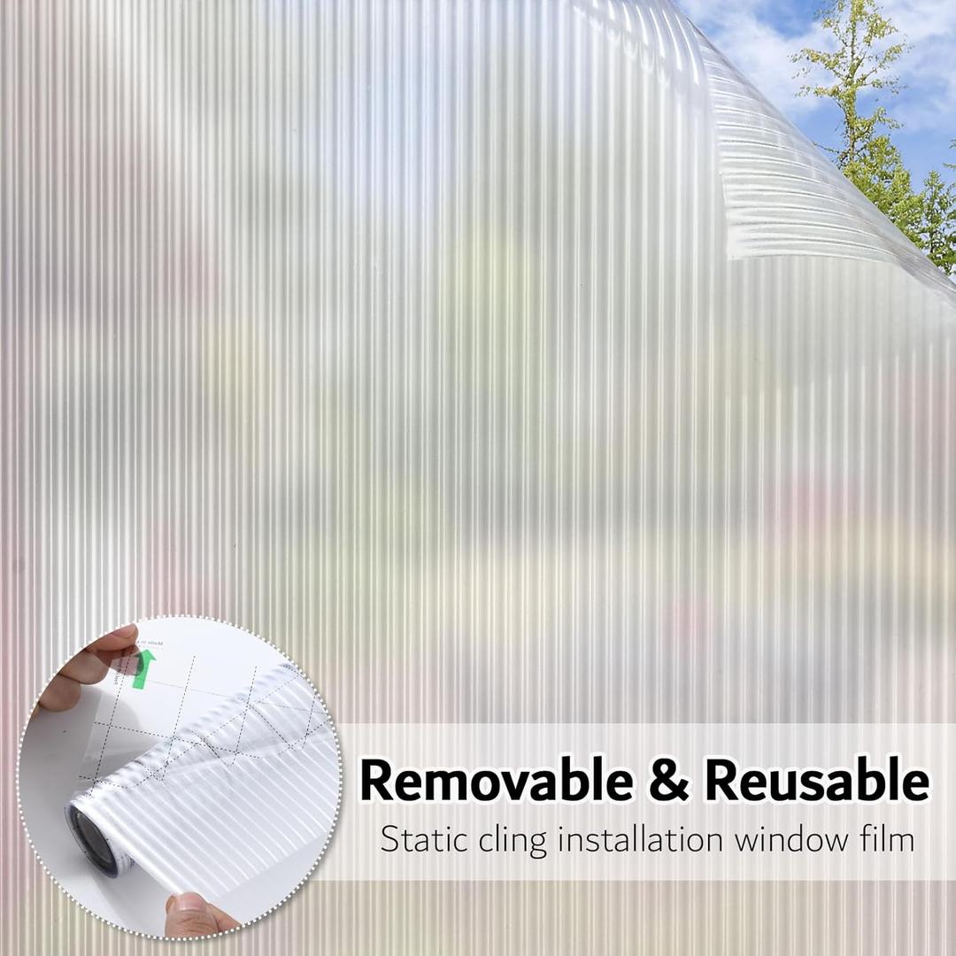 VELIMAX Reeded Glass Privacy Film, Frosted Window Vinyl, 3D Decorative Window Decals Non Adhesive for Bathroom, Living Room 23.6"x13.1 Feet  2 Pcs