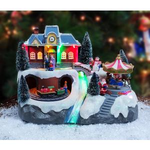 MOMENTS IN TIME Animated Musical Christmas Village 8.5H Light Up Holiday Scene with LED Lights Moving Train & Carousel Battery Operated Christmas Tabletop Decoration