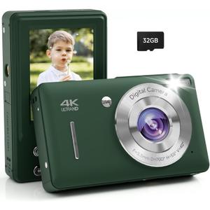 Digital Camera, 44MP FHD 1080P, 16X Zoom, 32GB SD Card, Compact Camera for Kids Teens Adults, Green