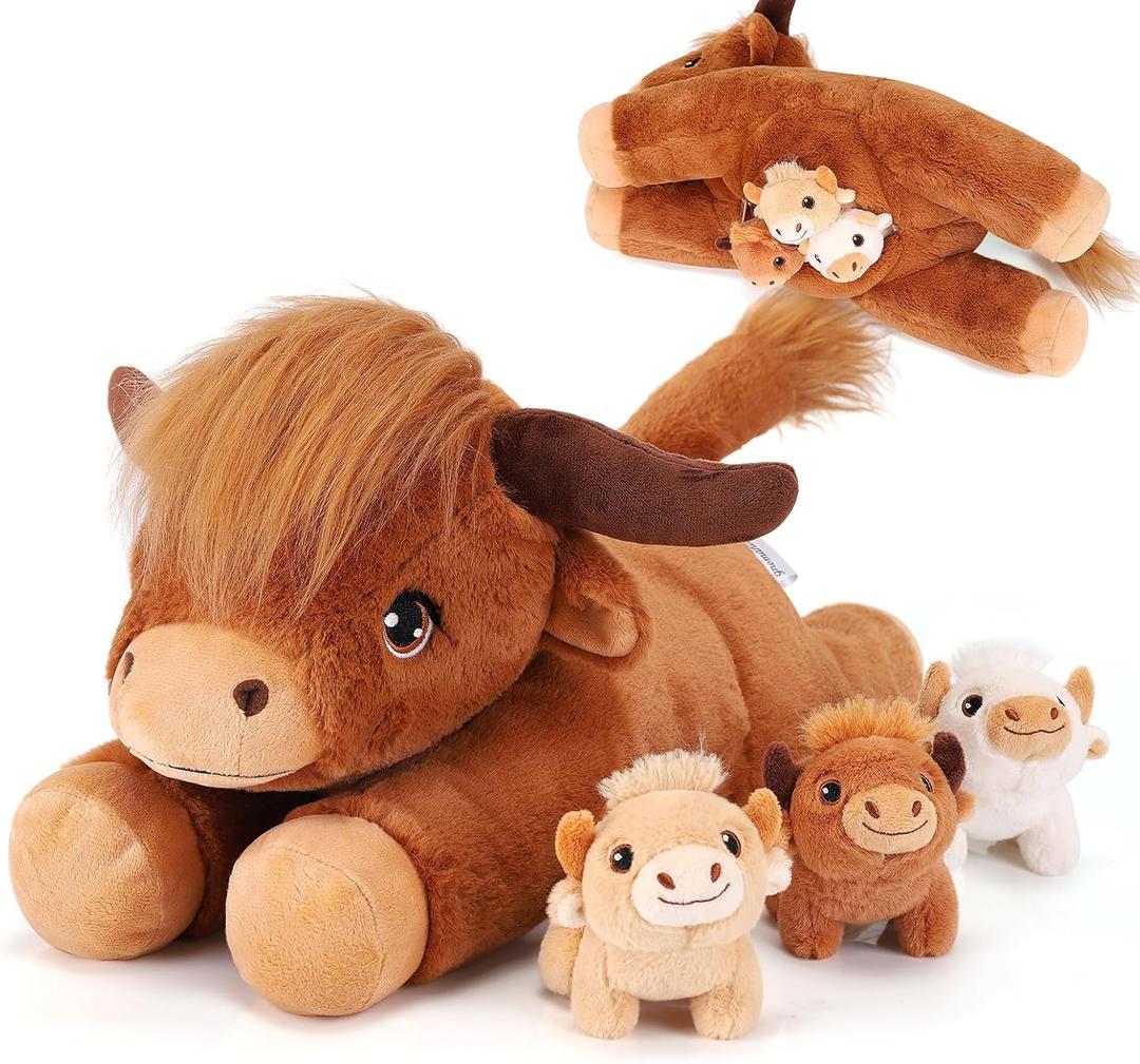gnomantic 4 Pieces Highland Cow Stuffed Animals - 1 Mommy Stuffed Highland Cow with 3 Babies - Brown Cow Gifts for Girls Age 3-8, Cows Plush Toys for Christmas, Valentine's, Birthday Gifts (Brown)