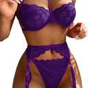 Lilosy Sexy Choker Floral Lace Scallop Sheer Underwire Push Up Garter Belt Lingerie Set 3 Piece (Small, Purple)