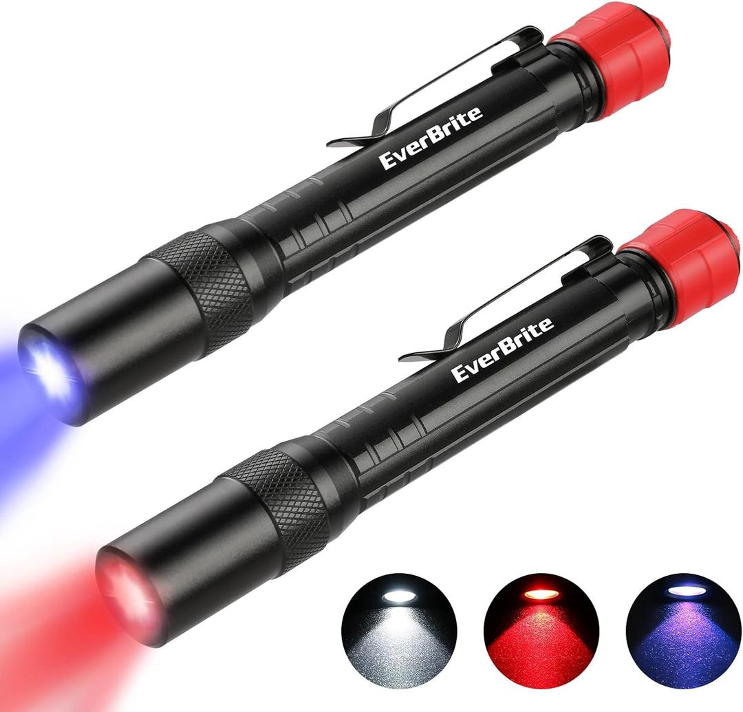 EverBrite Red Light Penlight Flashlight with 395nm UV Blacklight/White Light, Multi-Function LED Pocket Pen Light, AAA Batteries Included, for Night Vision, Pet Stain Detection, Camping, Pack of 2