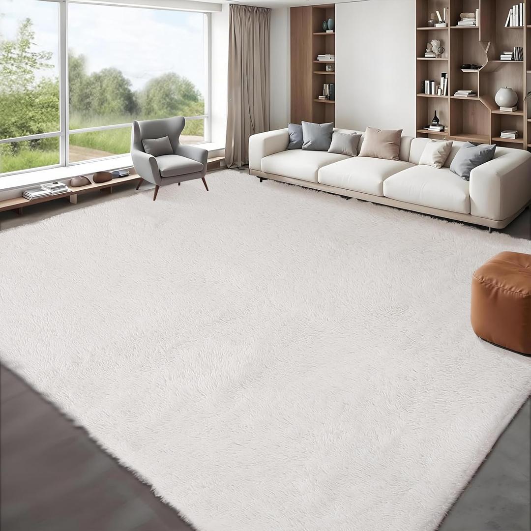 GarveeHome 9x12 Fluffy Area Rug- Shag Area Rug for Living Room, Shaggy Large Indoor Thick Living Room Carpet with Non-Slip Backing, Soft Plush Fuzzy Carpet for Bedroom, 9x12, White