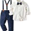 Volunboy Boys Clothes Set Toddler Gentlemen Wedding Suit Long Sleeve Bowtie Formal Dress Shirts Suspenders Pants Outfits (3-4T, Beige)