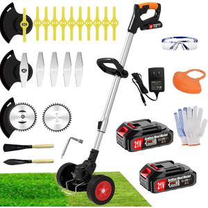 Cordless Weed Wacker, No-String Electric Grass Trimmer 21V Battery Powered Weed Trimmer, 3 in 1 Stringless Lightweight Brush Cutter/Edger/Mower with 3 Types Blade & Wheels for Garden and Yard Lawn