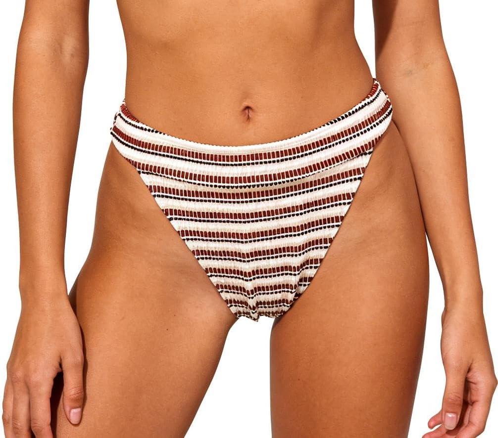 Womens Brown Bikini Bottom Crinkled Stretch Crepe Fabric, Mid-Cut High Waist, Full-Moderate Coverage