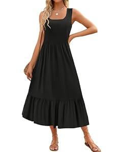 ZESICA Women's 2025 Summer Sleeveless Dress Square Neck Pleated Tiered Swing Maxi Dresses with Pockets, Black, Large