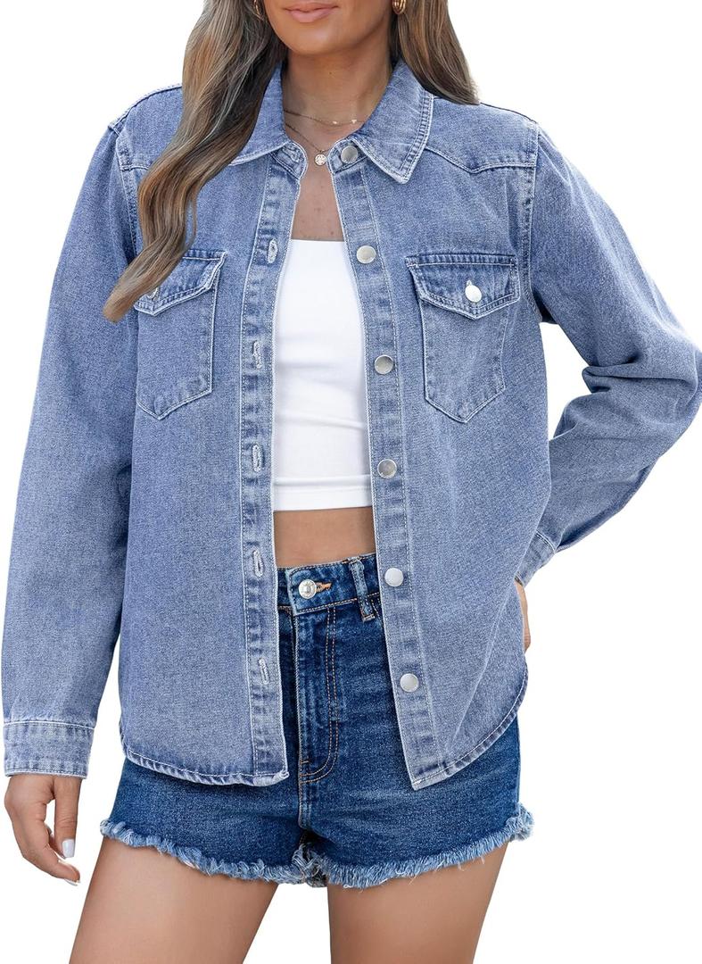 luvamia Denim Jackets for Women Trendy Long Sleeve Distressed Jean Button Down Shirts Jacket Shacket Trucker Jacket (Medium, Cody Blue)