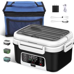 Cordless Electric Heated Lunch Box, 1.5L - 6.3 Cups 20000 mAh 100W Rechargeable Smart Self-Heating Food Warmer with Removable Divider, Spoon, Fork, BPA Free, Portable Lunchbox for Car Travel Office (White)