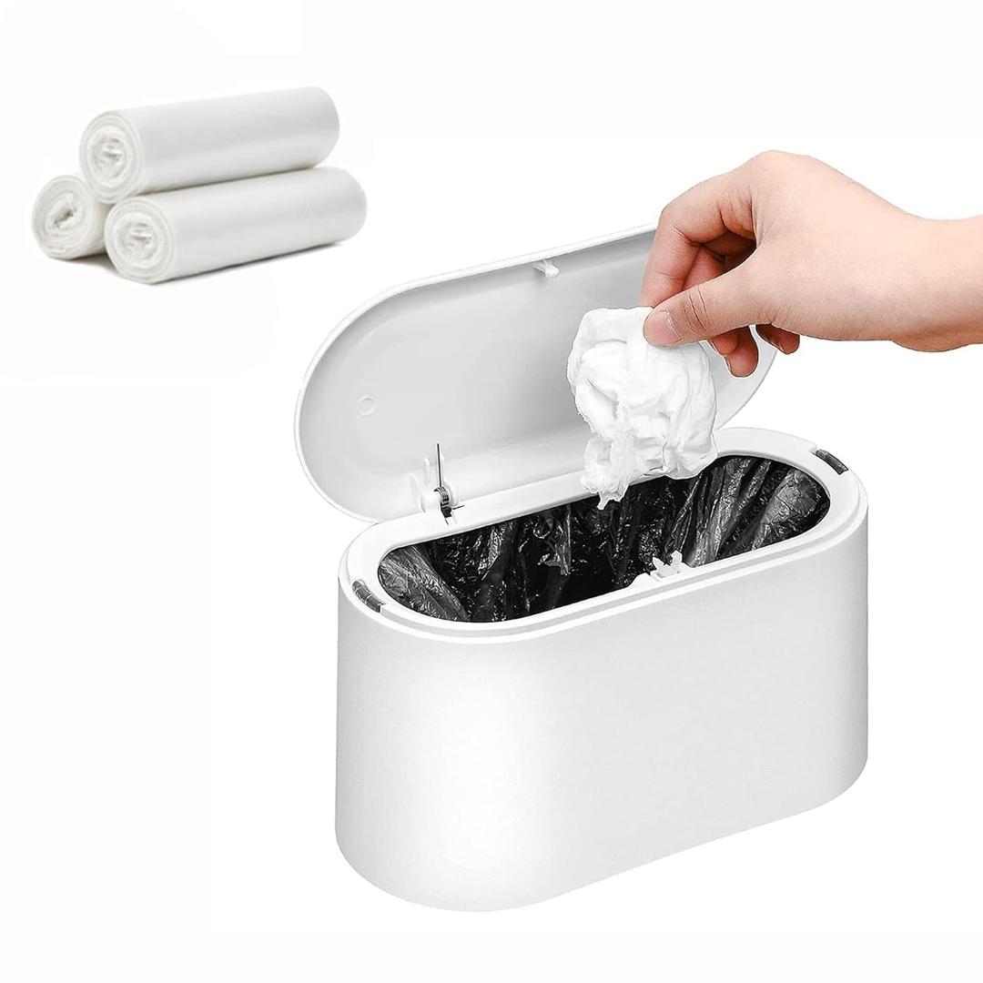 SUBEKYU Mini Can with Lid, Small Desk Can, Countertop Mini Garbage Cans, Tiny Waste Basket, White, with 3 roll Bags