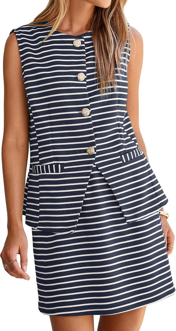 Simplee Women's Summer 2 Piece Outfits Striped Sleeveless Two Piece Sets Button Down Vacation vest tops Skirt with Pockets(Striped Navy L)