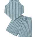LPHGFZA Toddler Girls Clothes 2 Piece Outfit Summer Solid Ribbed Tank Tops & Bow Elastic Shorts Cute Kids Sets 4-7Y (Blue)