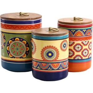 Bico Tunisian Ceramic Canister Set of 3 for Kitchen Counter, 62oz, 40oz, 32oz each, with Wooden Air Tight Lid, Food Storage Jar for storing Coffee, Tea, Spice, Dishwasher Safe