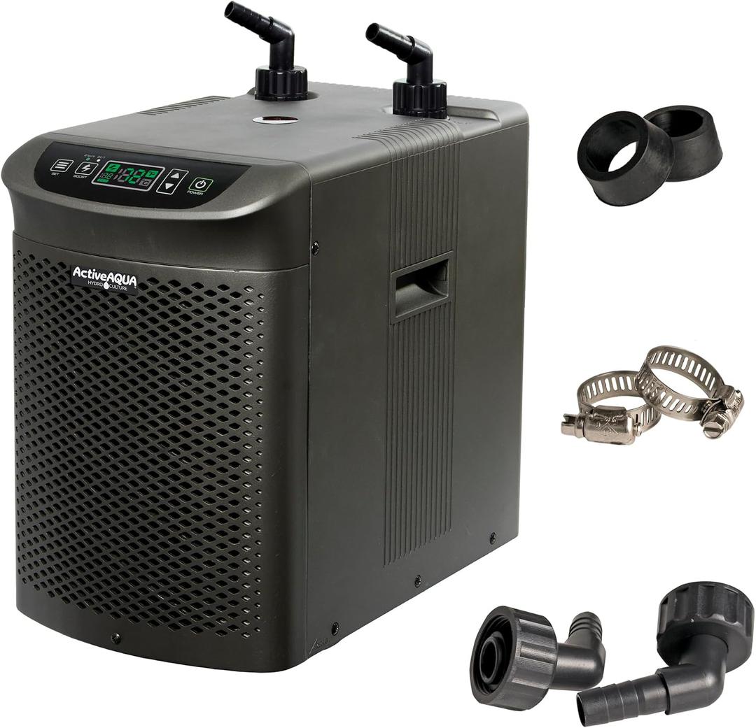Active Aqua Hydroponic Water Chiller for Aquaponics, Plunge Baths and Aquariums, 0.25 HP - Portable Cooling System with Boost Function for 40-92 Gallon Reservoirs, Pure Titanium Evaporator Cooler