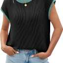 Tankaneo Womens Summer Color Block T-Shirts Cap Sleeve Textured Ribbed Knit Tees Casual Ringer Crew Neck Loose Fit Tops (Black) Larg
