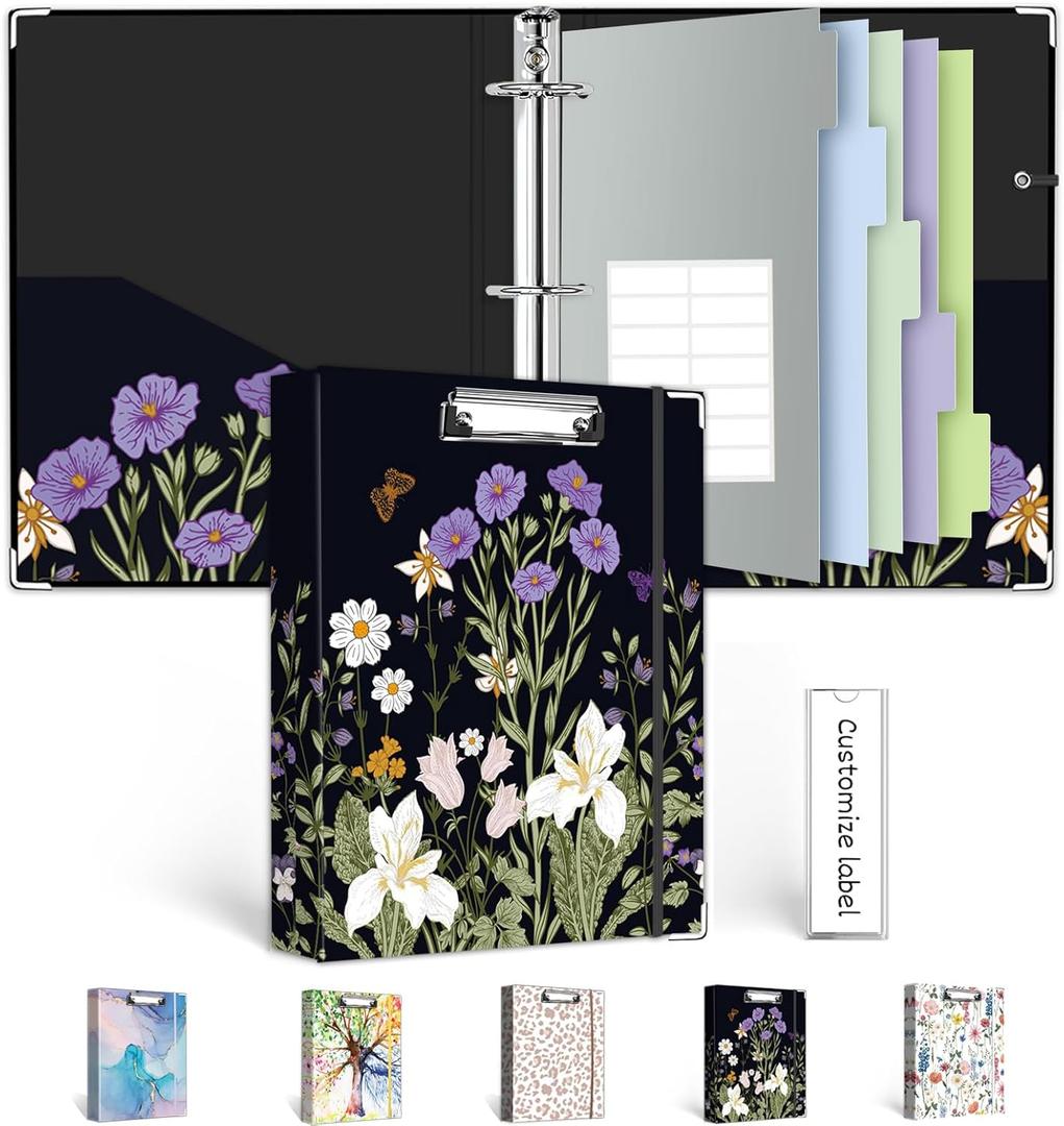 Mini Binder 3 Ring 1 Inch for 5.5"x8.5" Paper, Cute Small Three Ring Binders with Clipboard, 5-Tab Dividers, Spine ID Label Holder, BVSSX A5 Binder with Pen Holder, Black Weeds