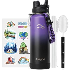 [2-IN-1 LID] Insulated Water Bottle with Silicone Boot (36hrs Cold/18hrs Hot) - DIY Stickers, Leakproof, BPA Free, 40 oz (Purple-Black)