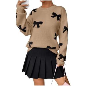 GORGLITTER Women's Bow Sweater Vintage Cute Cozy Knit Holiday Long Sleeve Crew Neck Pullover Fall Sweaters 2025 Size Medium