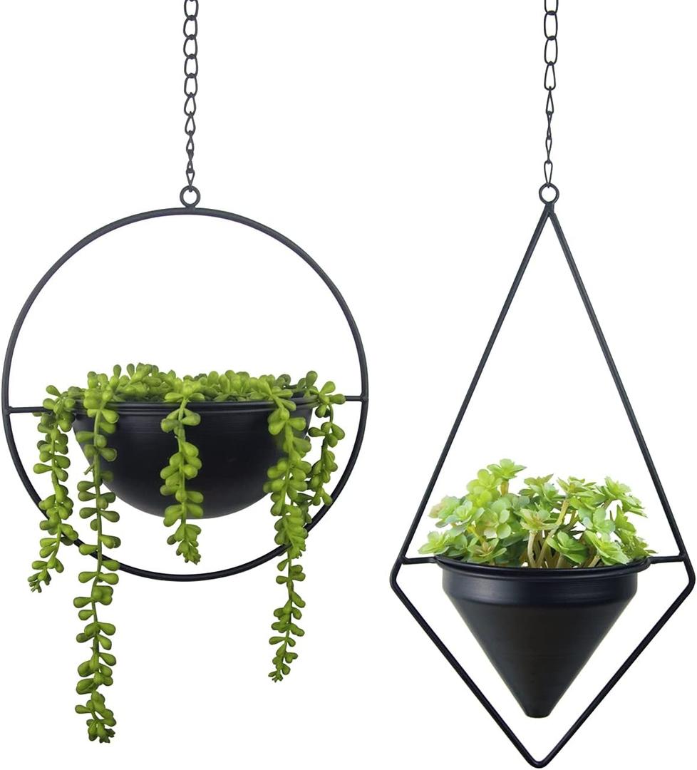 Metal Hanging Planters, Modern Plant Hanger with Pots, Set of 2 Black Plant Holders in Diamond and Round Shape, Small Wall and Ceiling Planter for Indoor Plants, Home Dcor- Black
