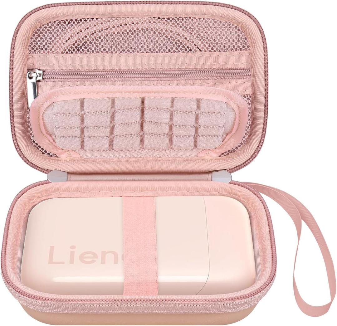 Elonbo Carrying Case for Liene 2x3 Photo Printer, Portable Mini Color Instant Print Digital Camera Hard Travel Bag, Smartphone Picture Printer Storage Holder, Mesh Pocket Fits Photo Paper Cable,Pink+